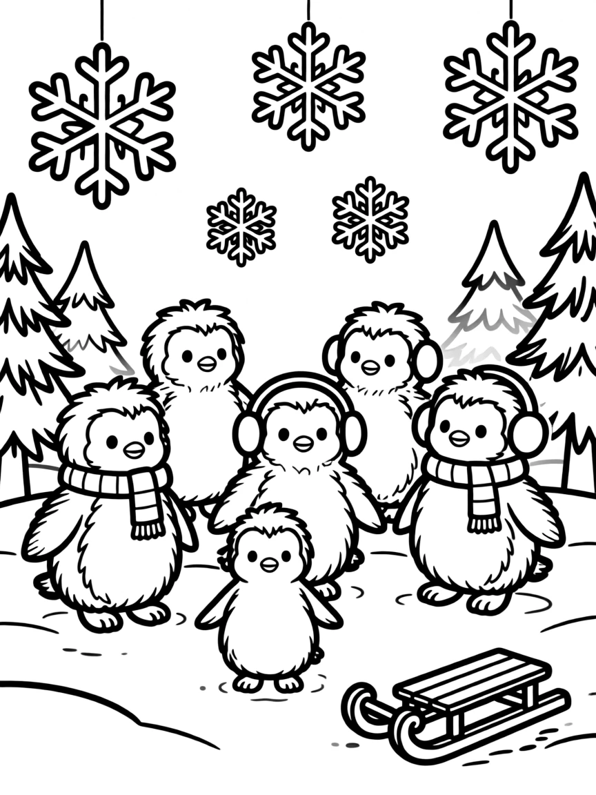 Adorable toy winter scene with snowflake and penguin friends