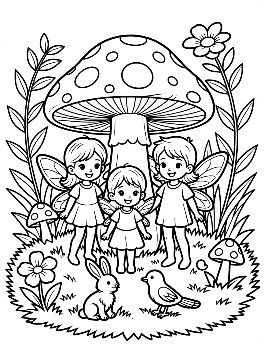 Happy toy fairy garden with mushroom and sprite friends