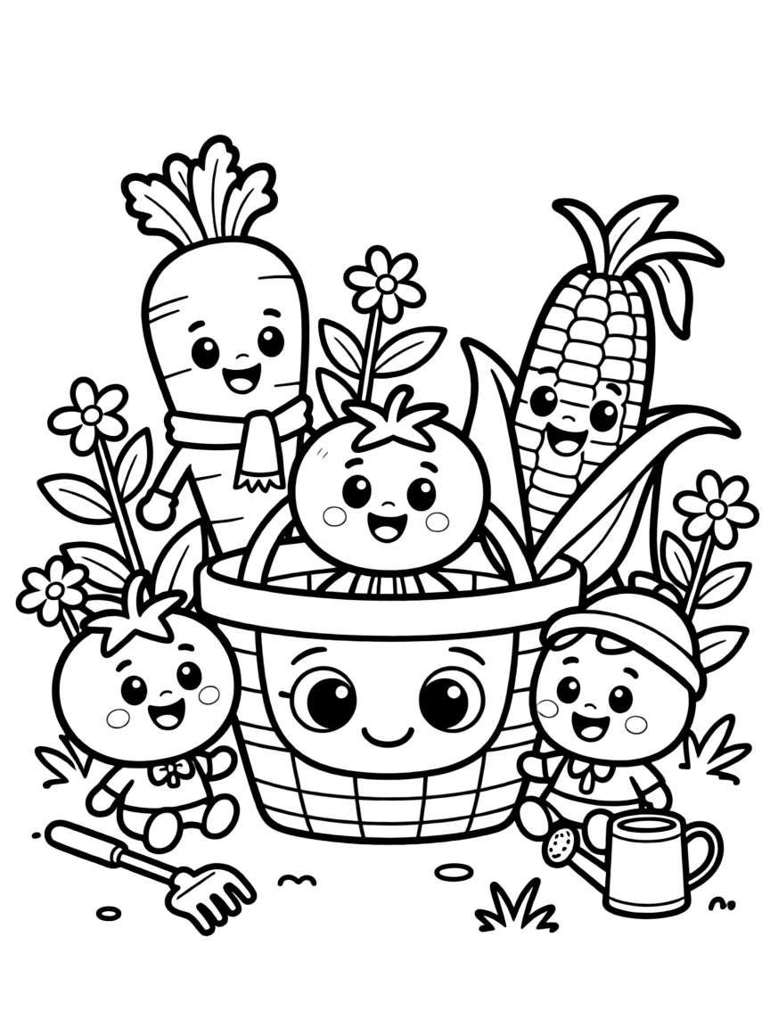 Cute toy garden harvest with vegetable and basket friends