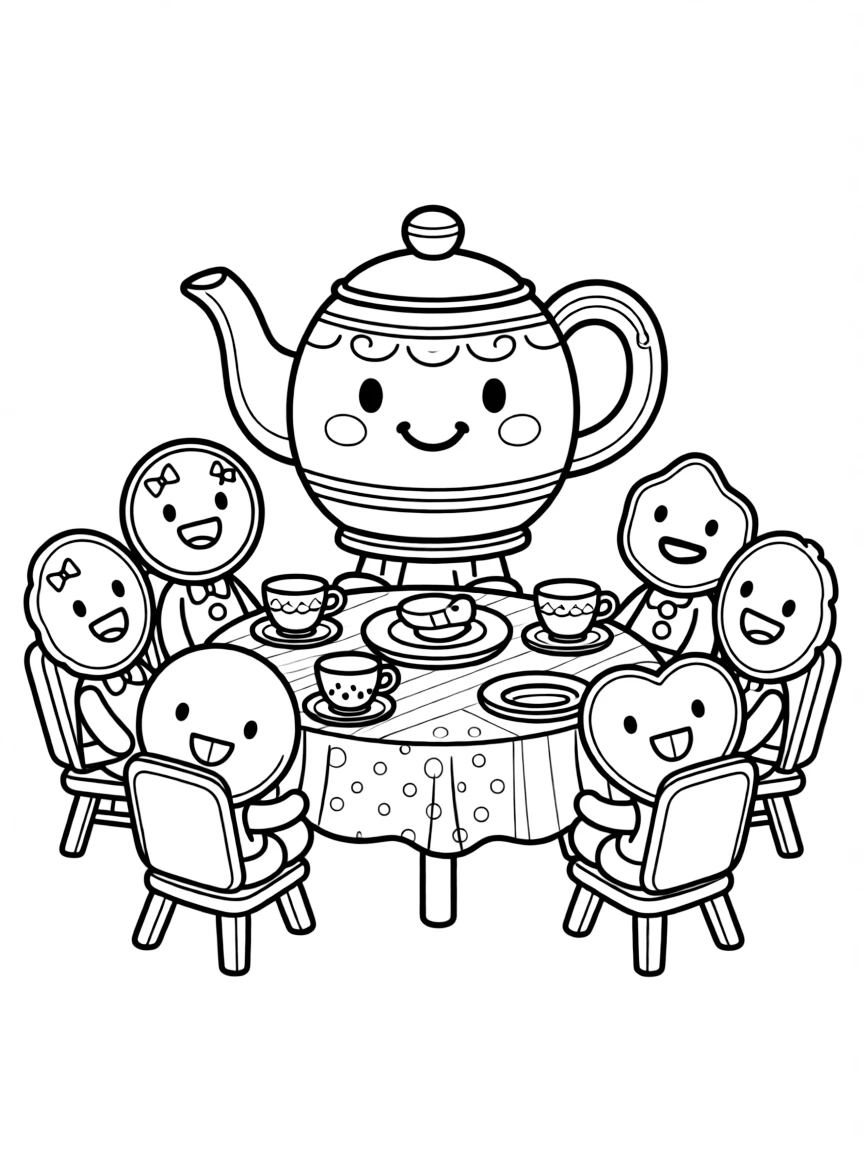 Happy toy tea party with teapot and cookie friends