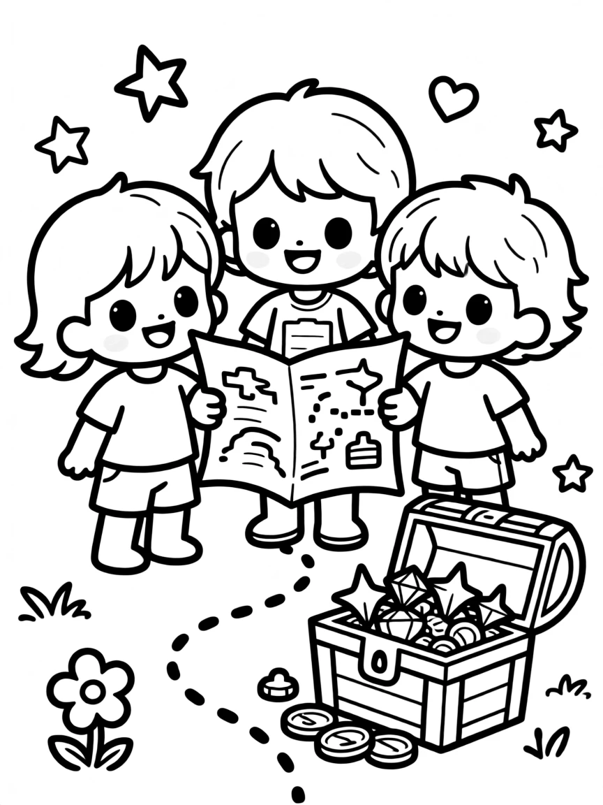 Kawaii toy treasure hunt with map and chest friends
