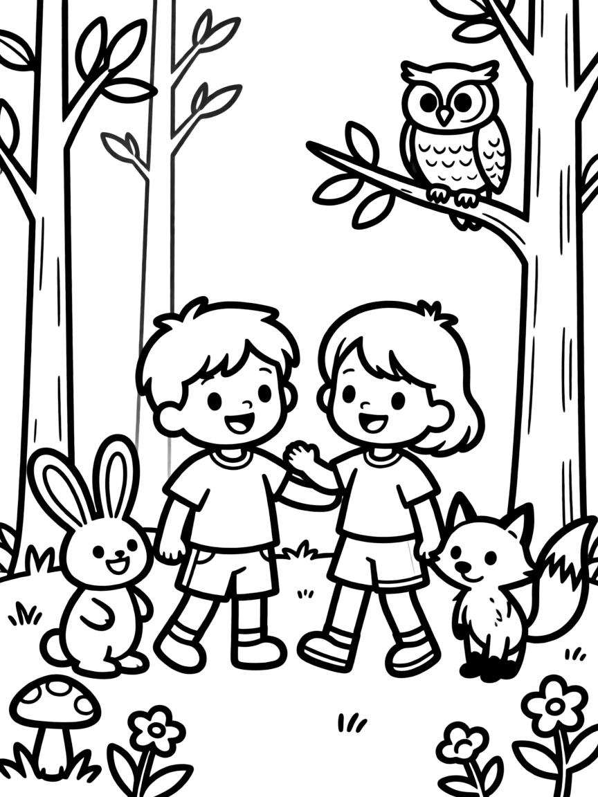 Smiling toy forest friends with animal and tree pals