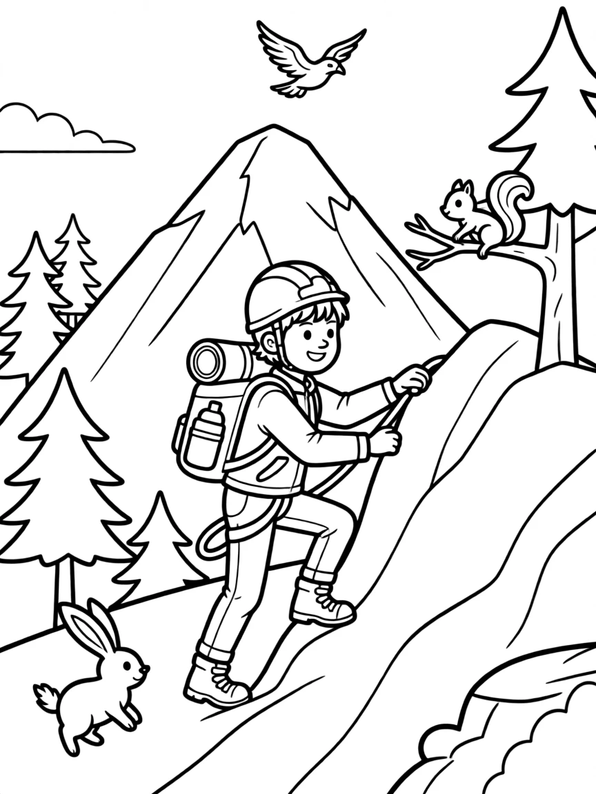 Happy toy mountain adventure with climber and wildlife friends