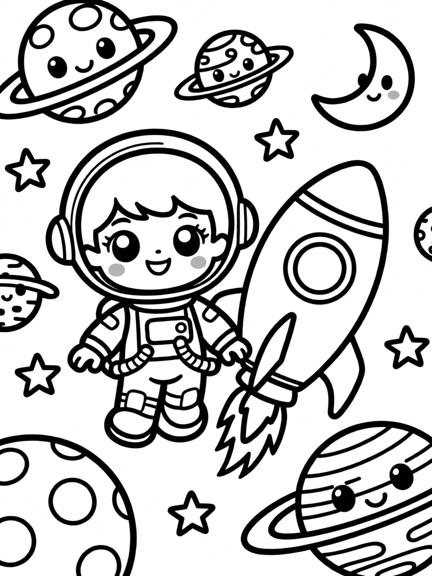 Kawaii toy outer space journey with rocket and planet friends