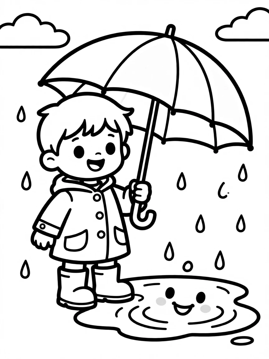 Smiling toy rainy day with umbrella and puddle friends