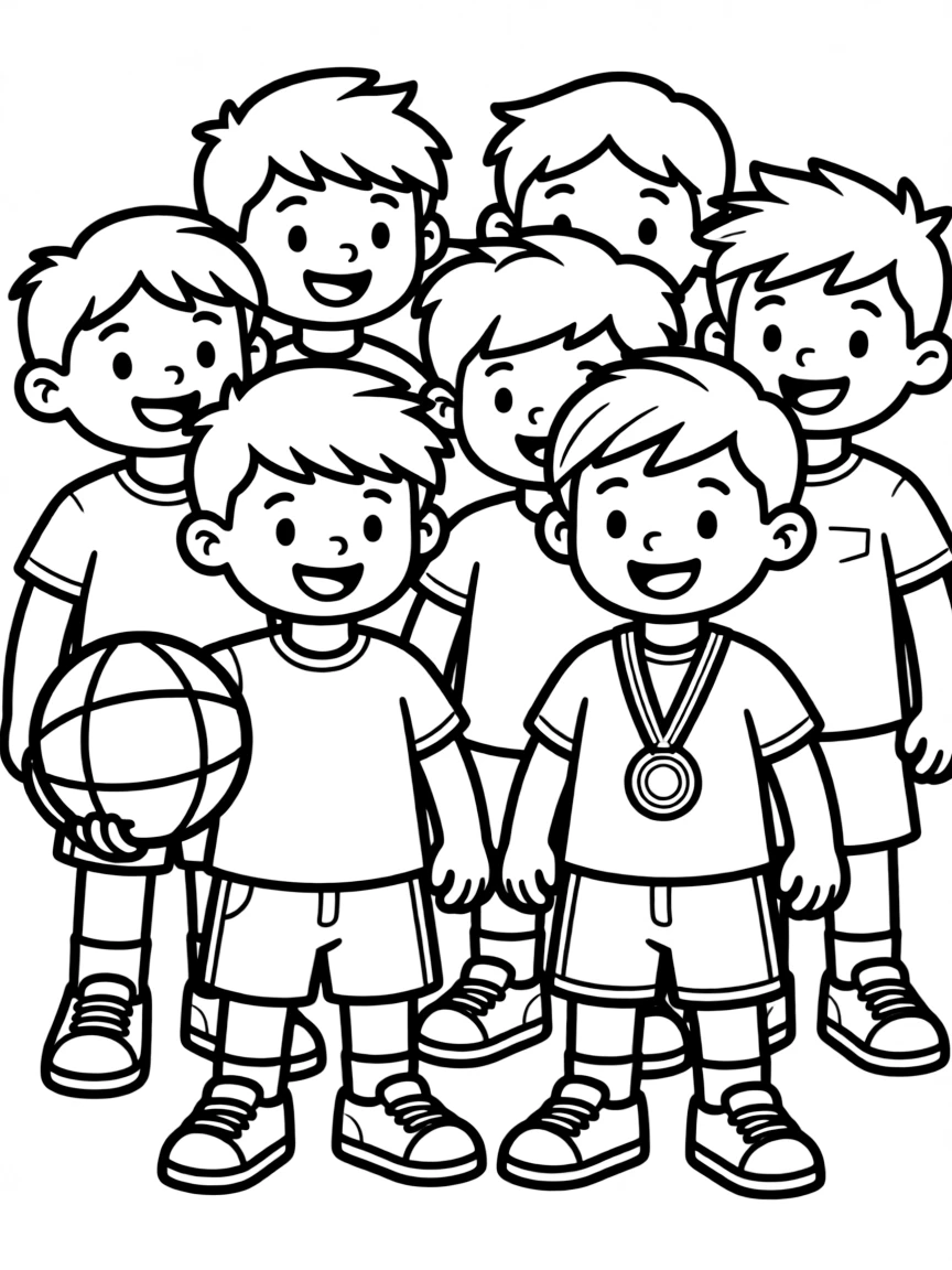 Smiling toy sports day with ball and medal friends