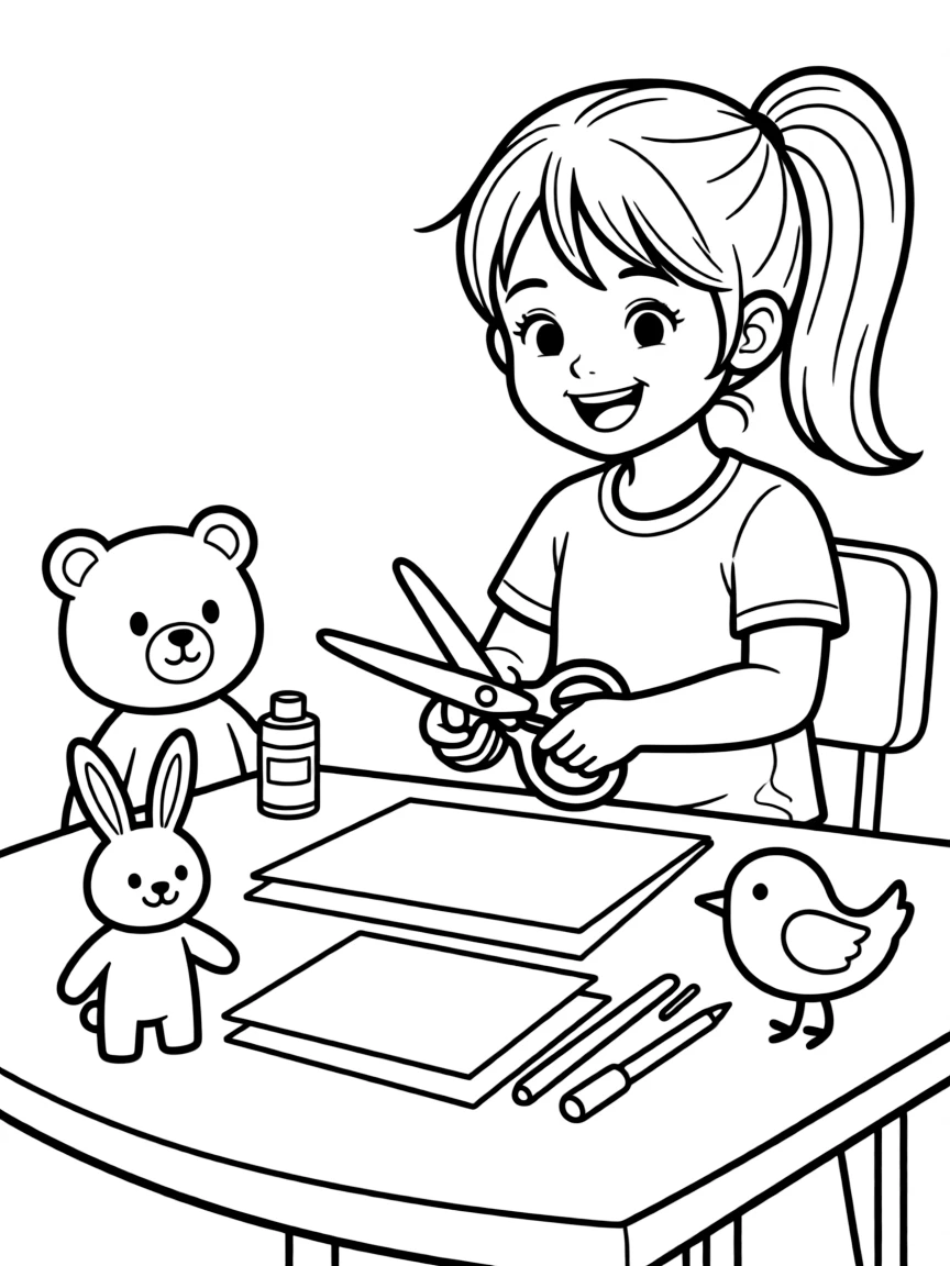 Cute toy craft day with scissors and paper friends