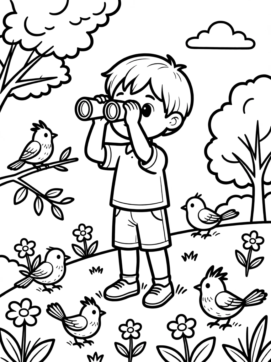 Adorable toy nature day with binoculars and bird friends
