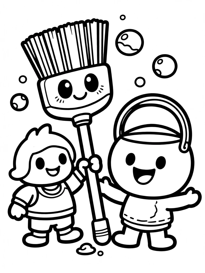 Kawaii toy cleaning day with broom and bucket friends