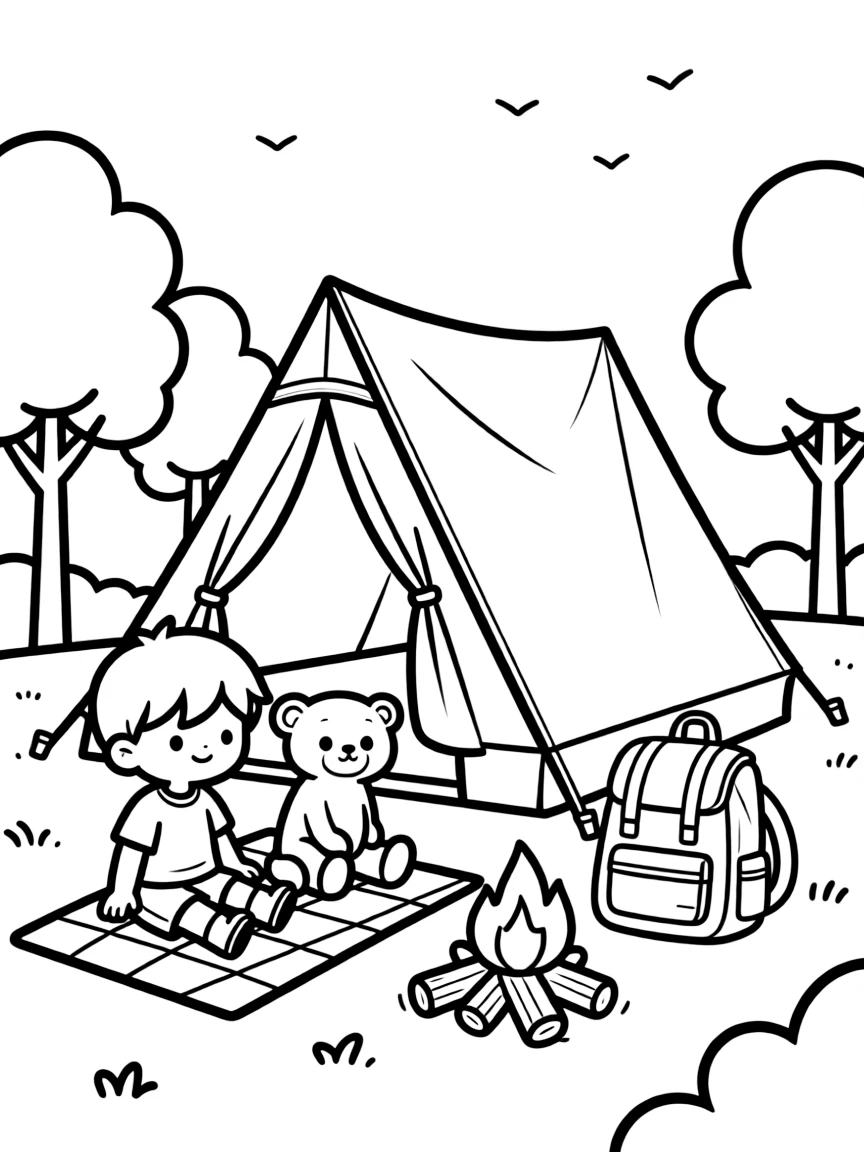 Cute toy camping day with tent and backpack friends