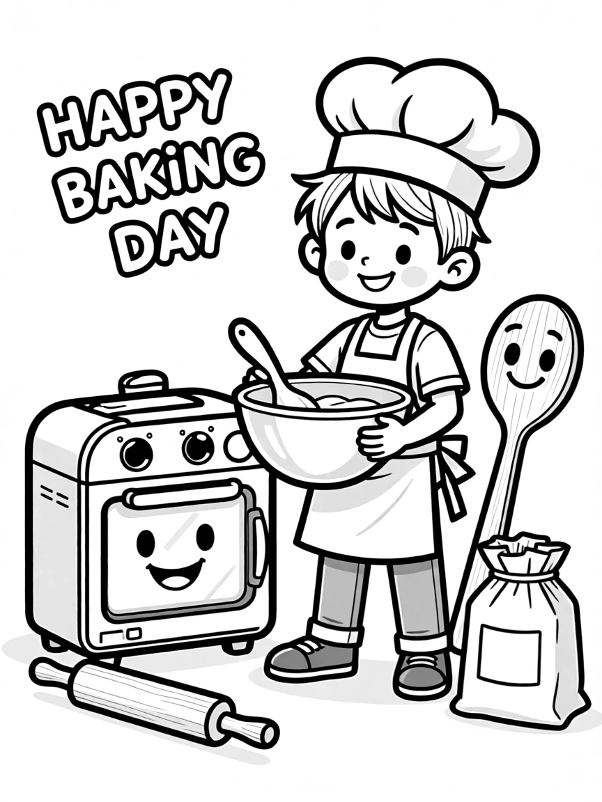 Happy toy baking day with mixing bowl and oven friends