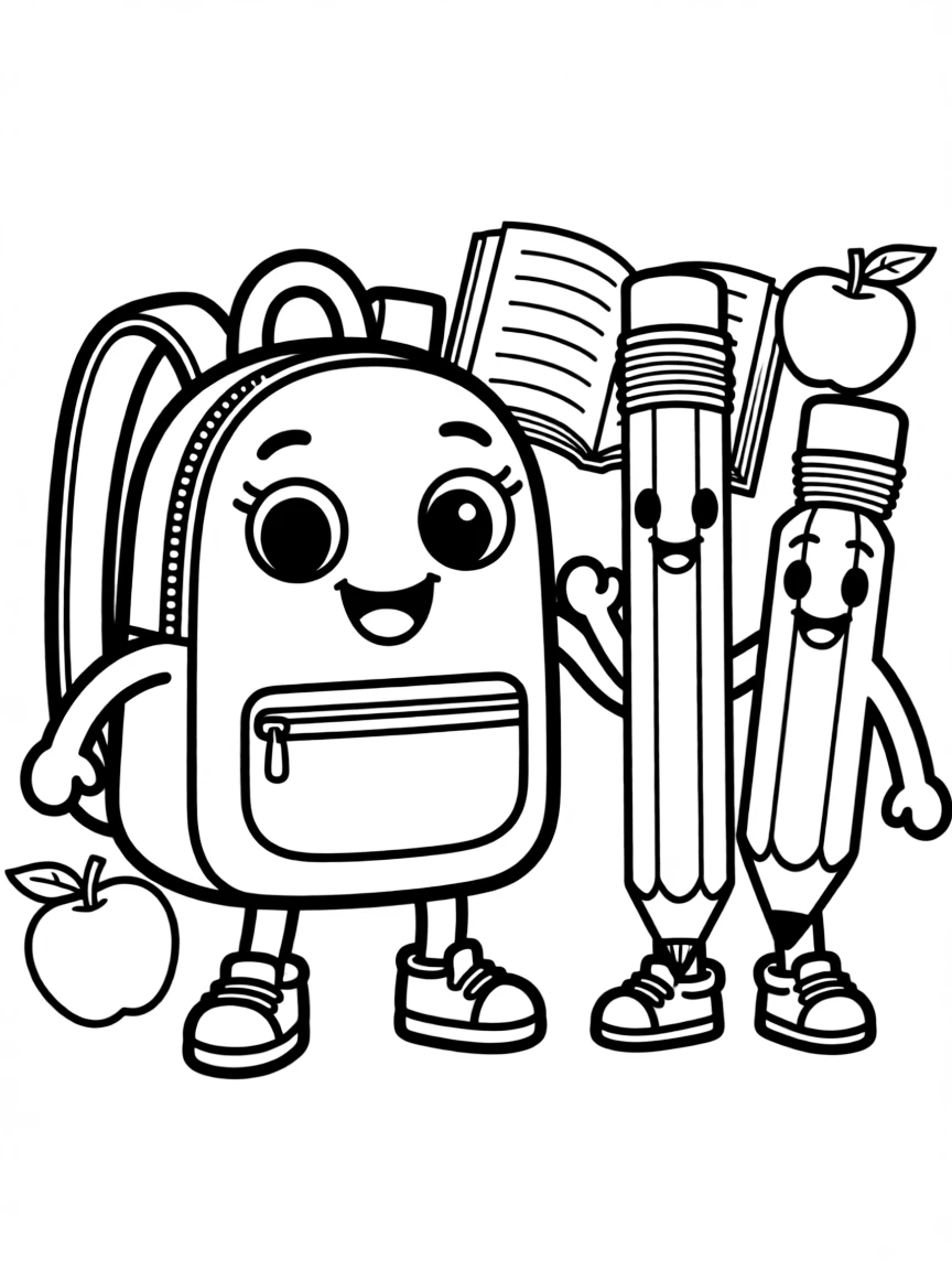 Kawaii toy school day with backpack and pencil friends
