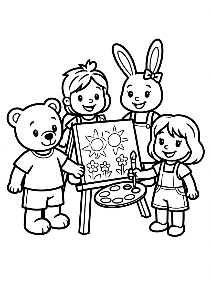 Smiling toy art day with paintbrush and easel friends