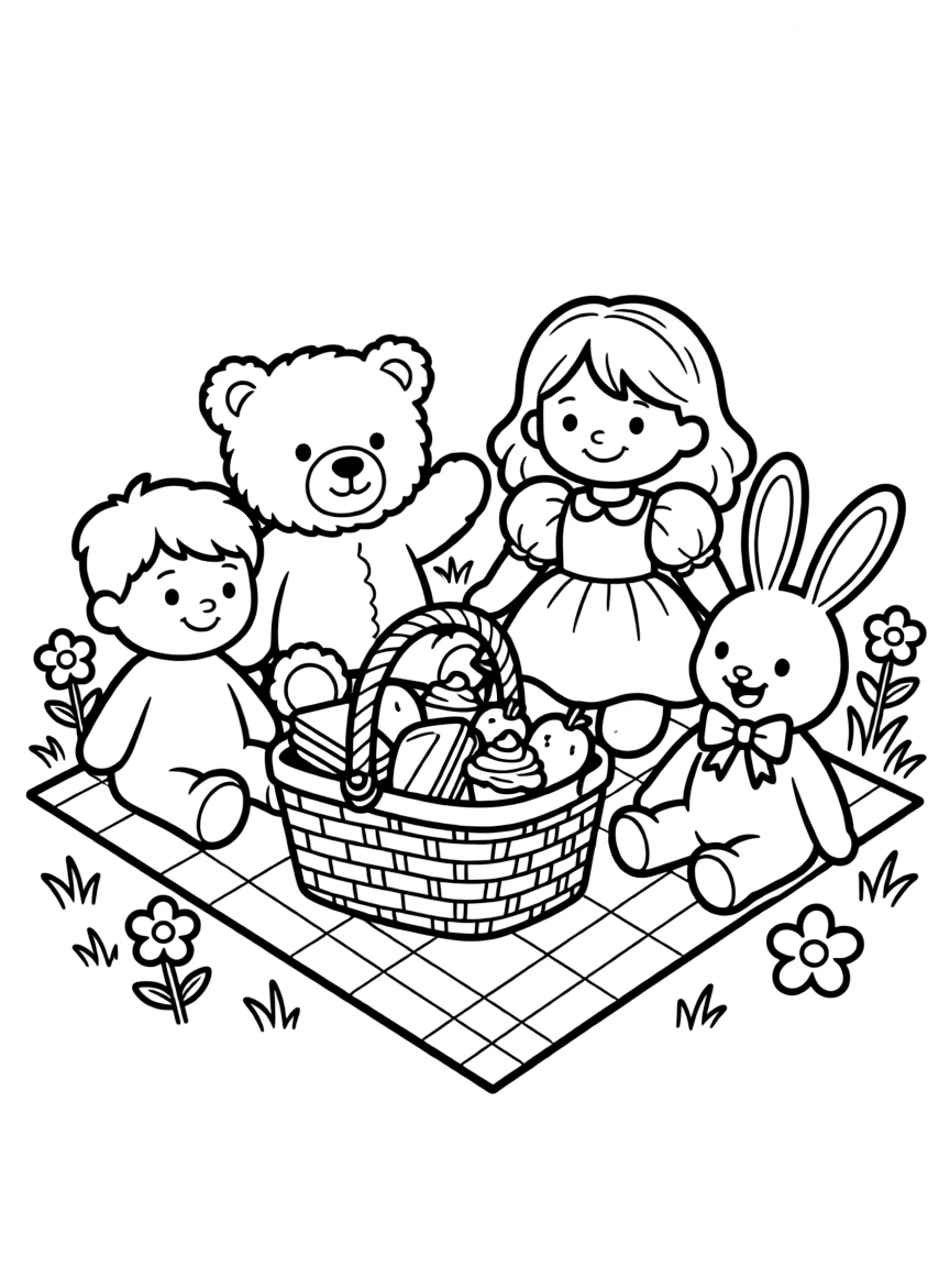 Adorable toy picnic day with basket and blanket friends