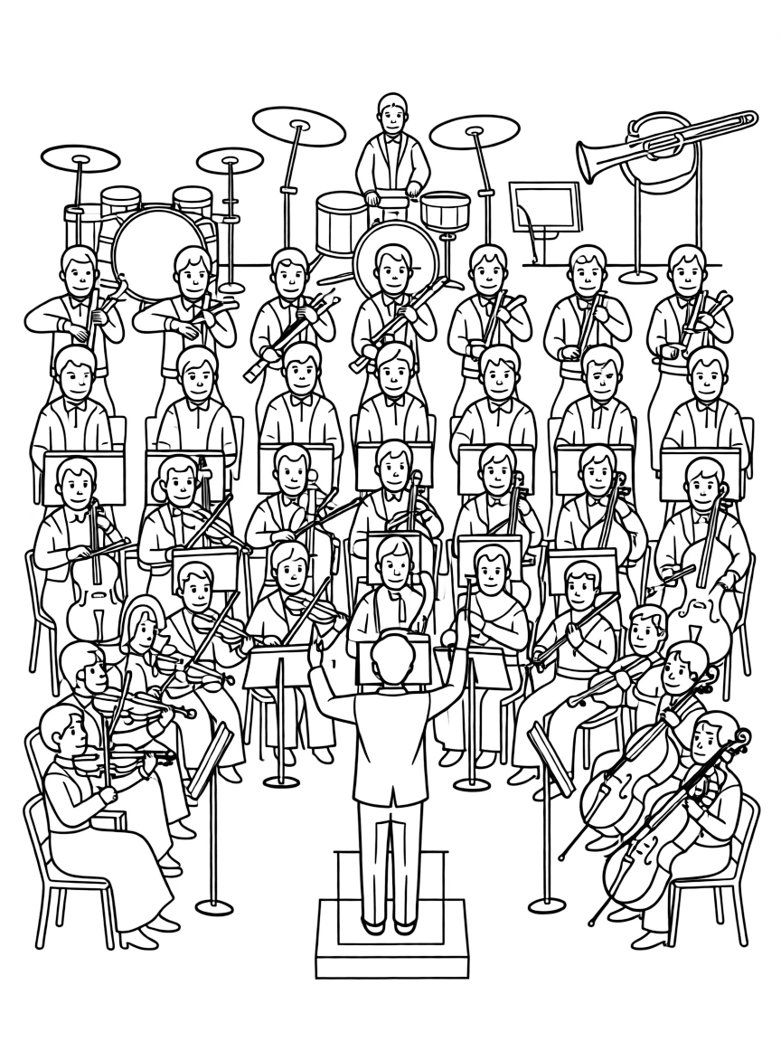Symphony orchestra arranged in traditional formation with conductor