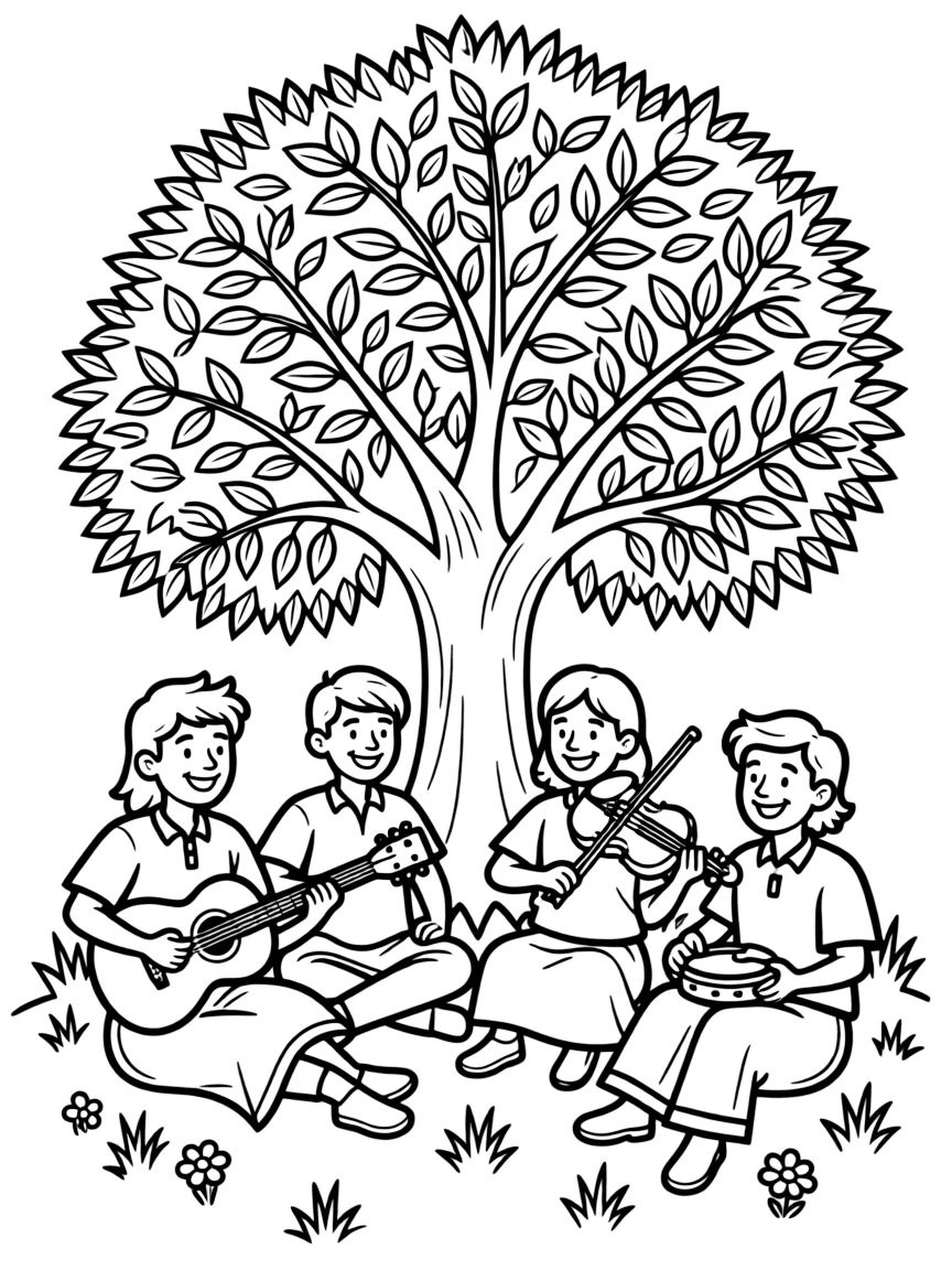 Folk band with acoustic instruments sitting in a circle under a tree