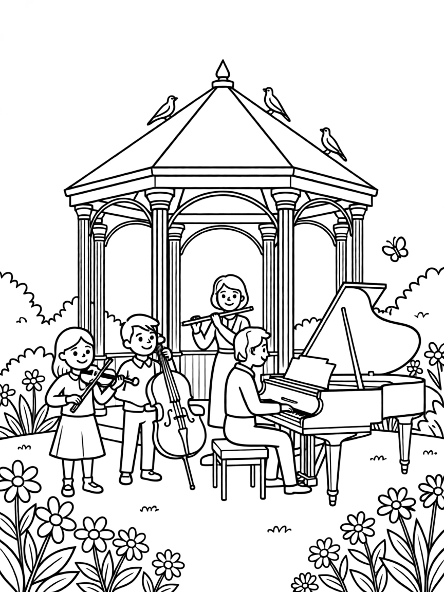 Classical ensemble performing in a garden gazebo