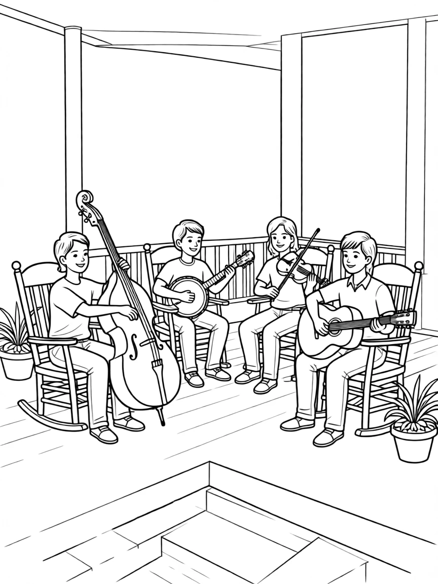 Bluegrass band on a front porch with rocking chairs