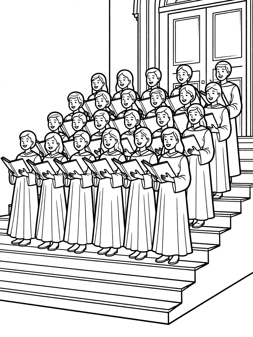 Gospel choir arranged on church steps in robes