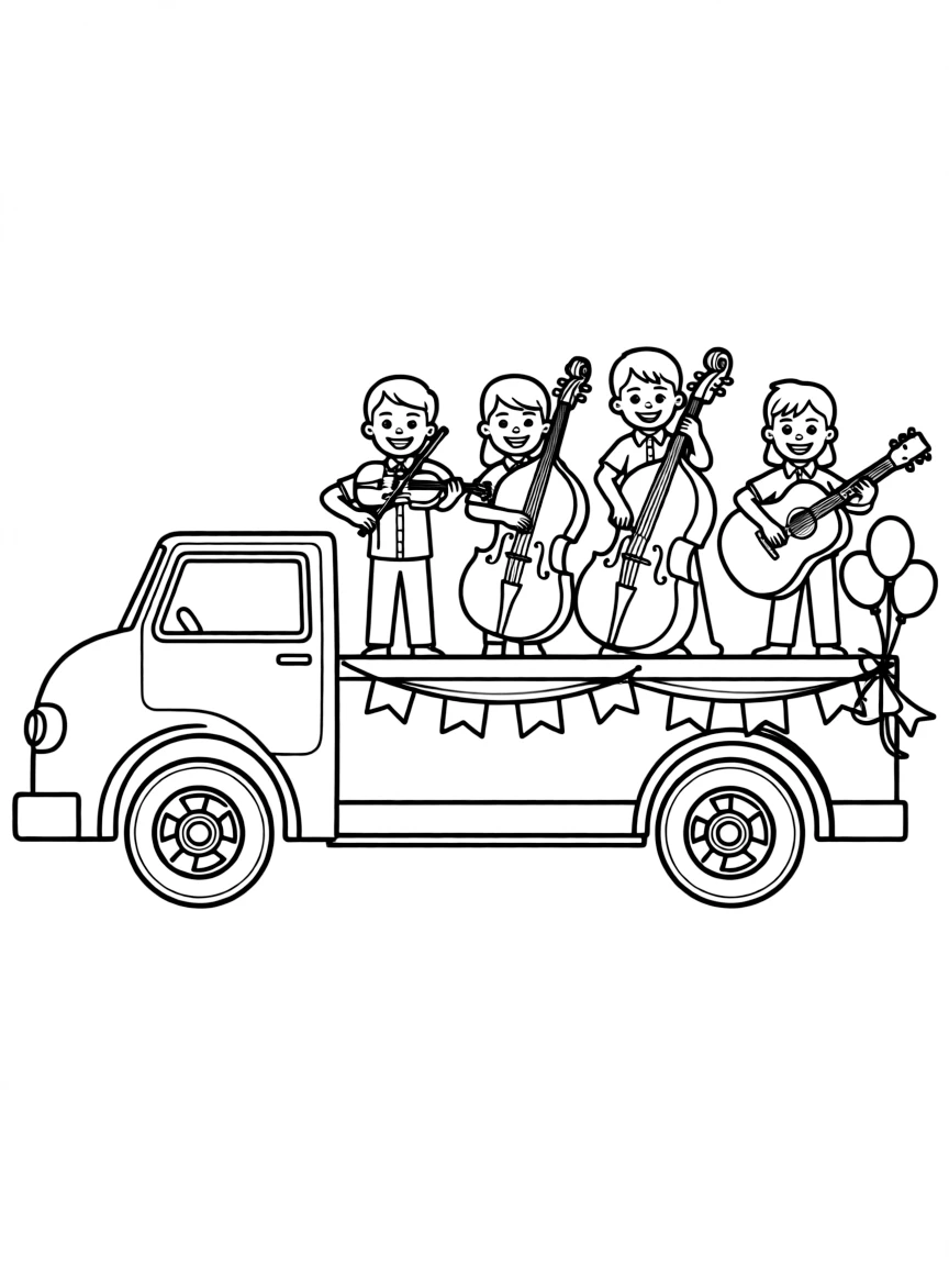 String band playing on a flatbed truck parade float