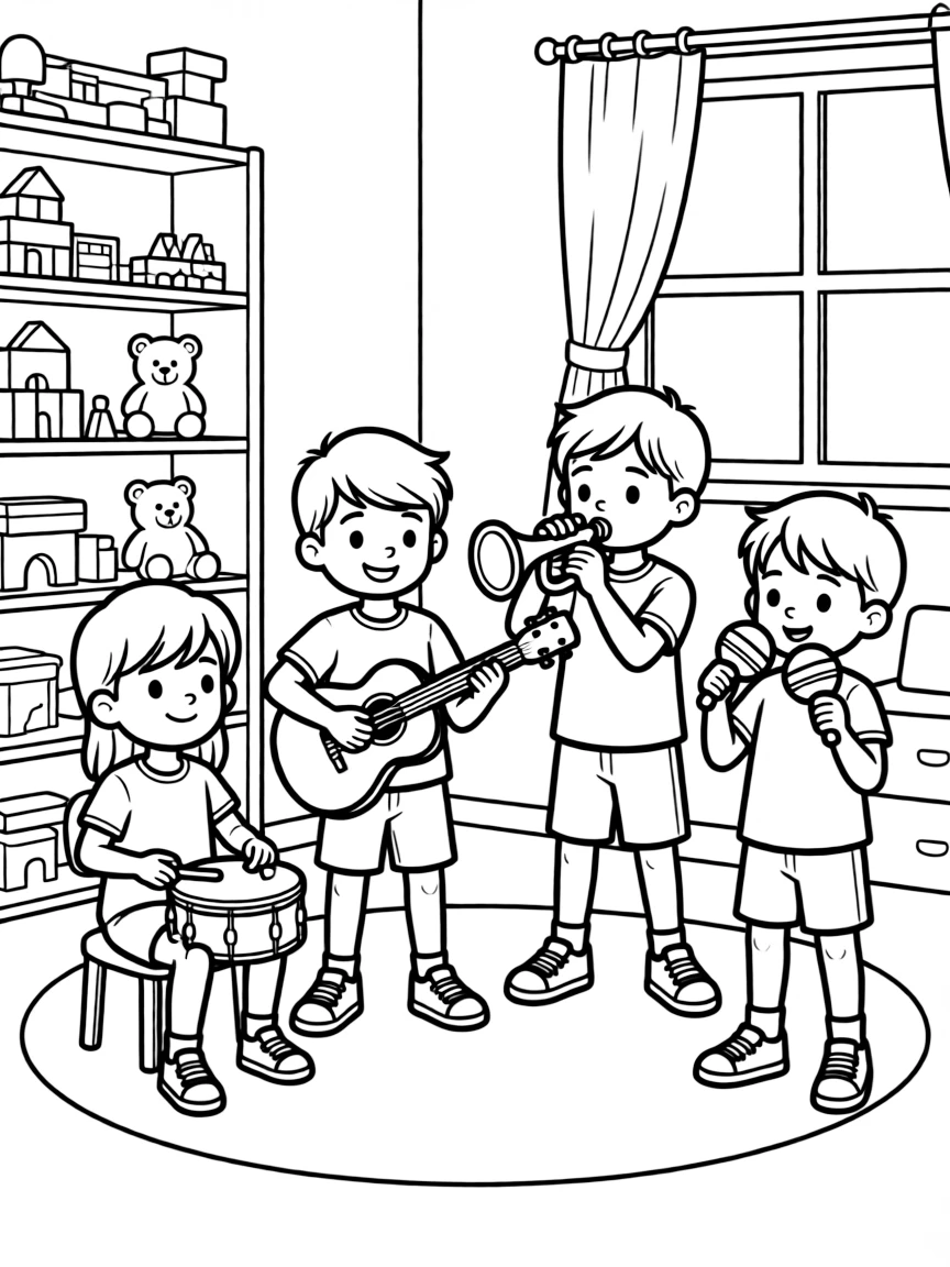 Children's band with toy instruments in a playroom