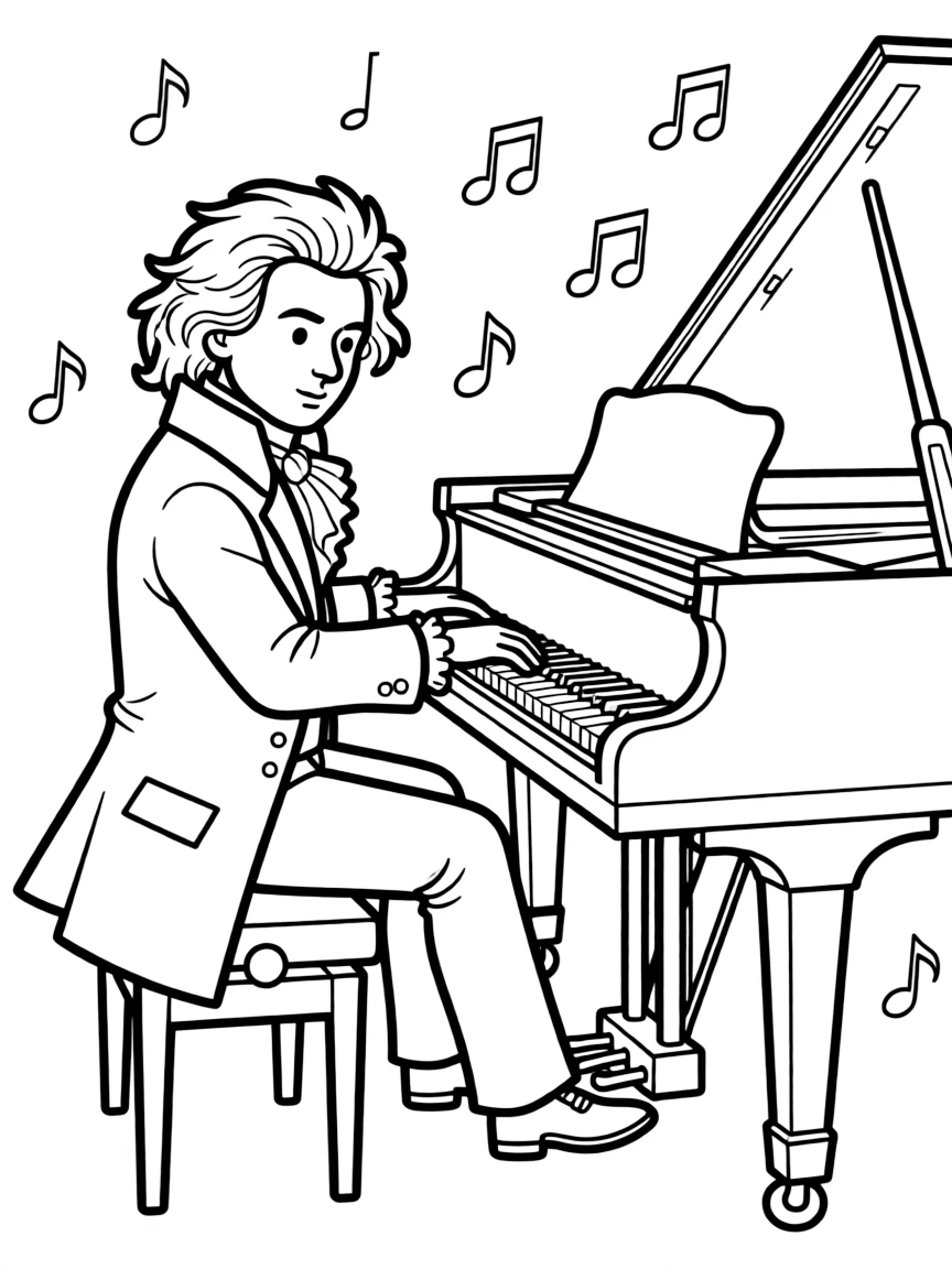 Beethoven composing at piano with wild hair