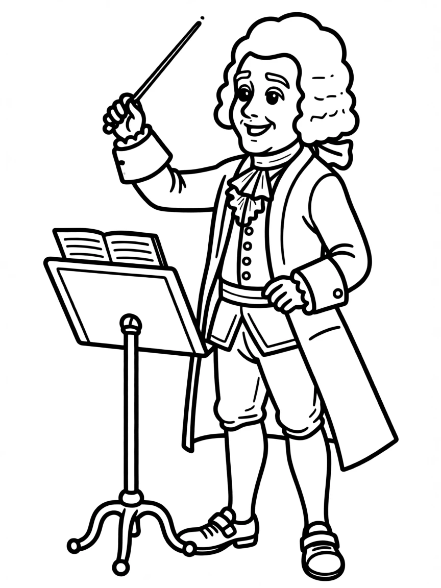 Mozart conducting with powdered wig and period clothing