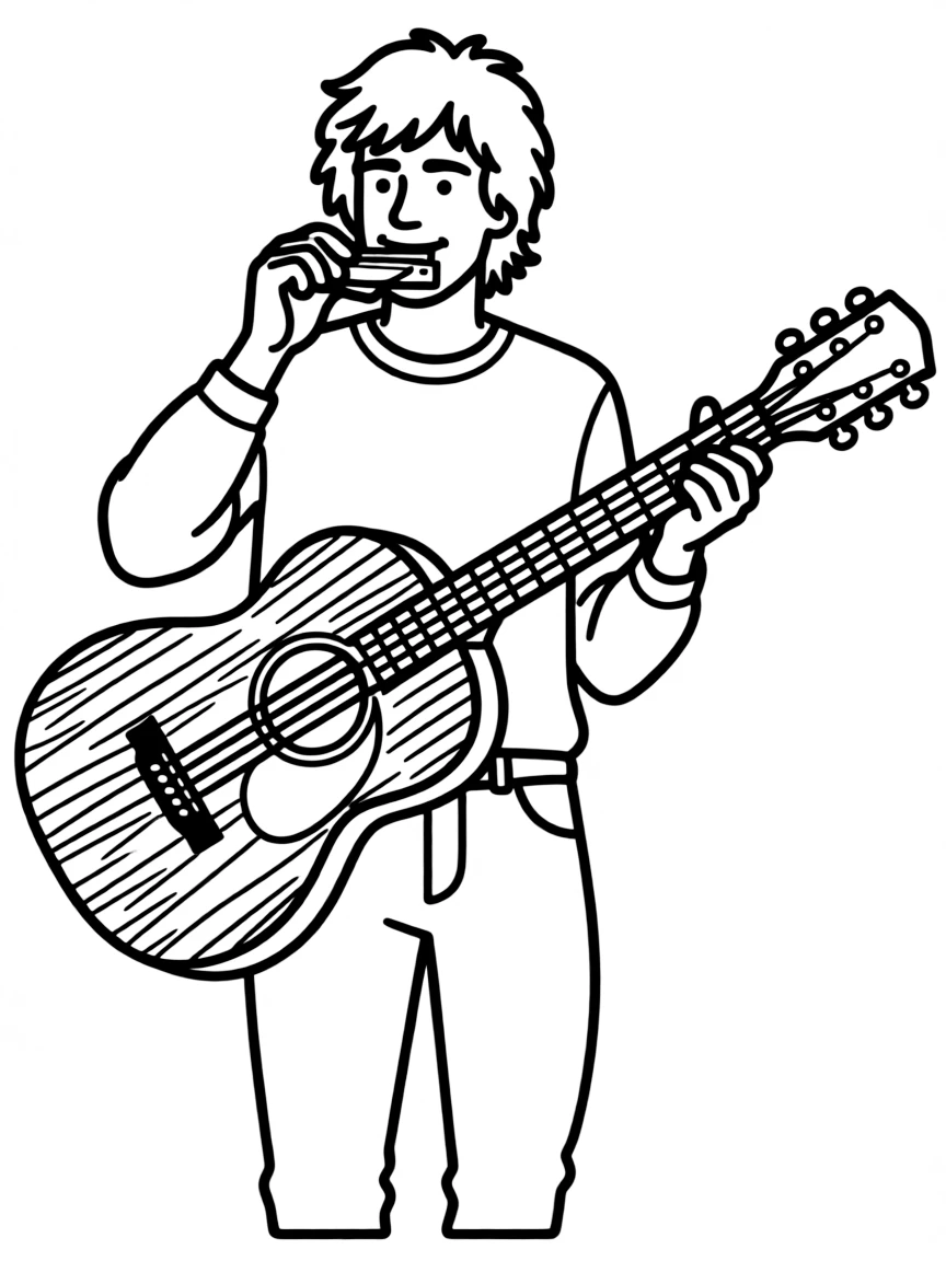 Bob Dylan with harmonica holder and acoustic guitar