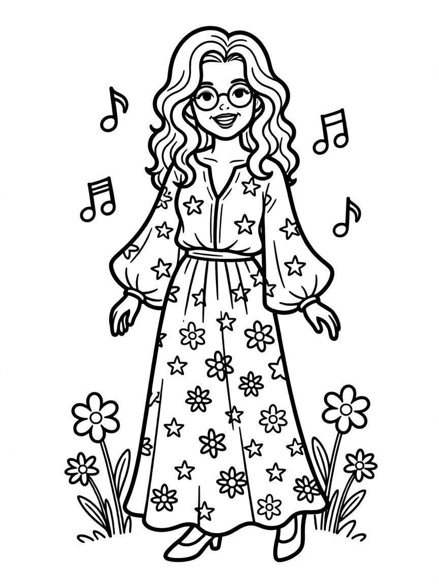 Janis Joplin with round glasses and bohemian clothing