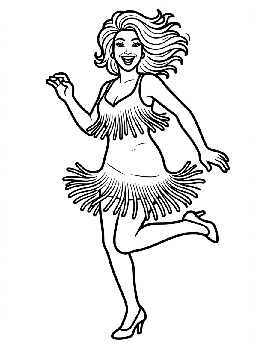 Tina Turner with dynamic dance pose and fringe dress