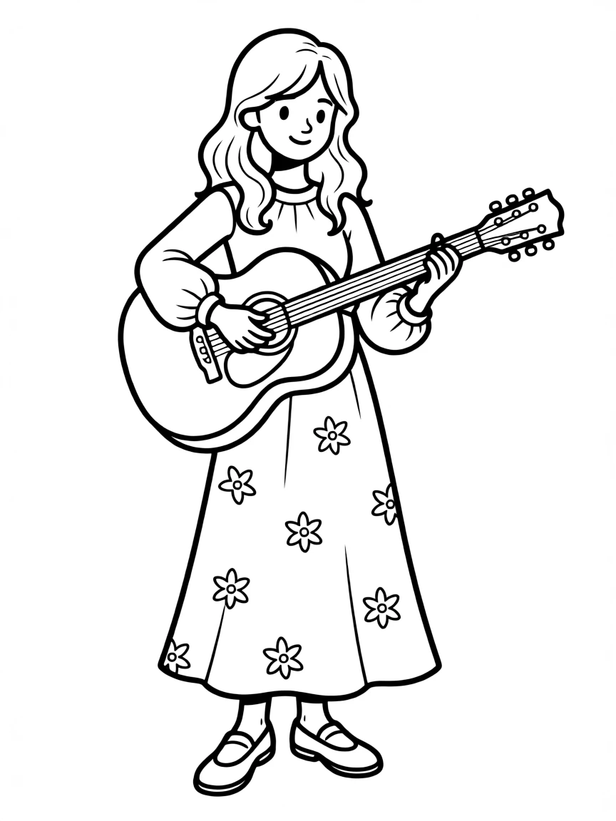 Joni Mitchell with guitar and flowing 70s dress