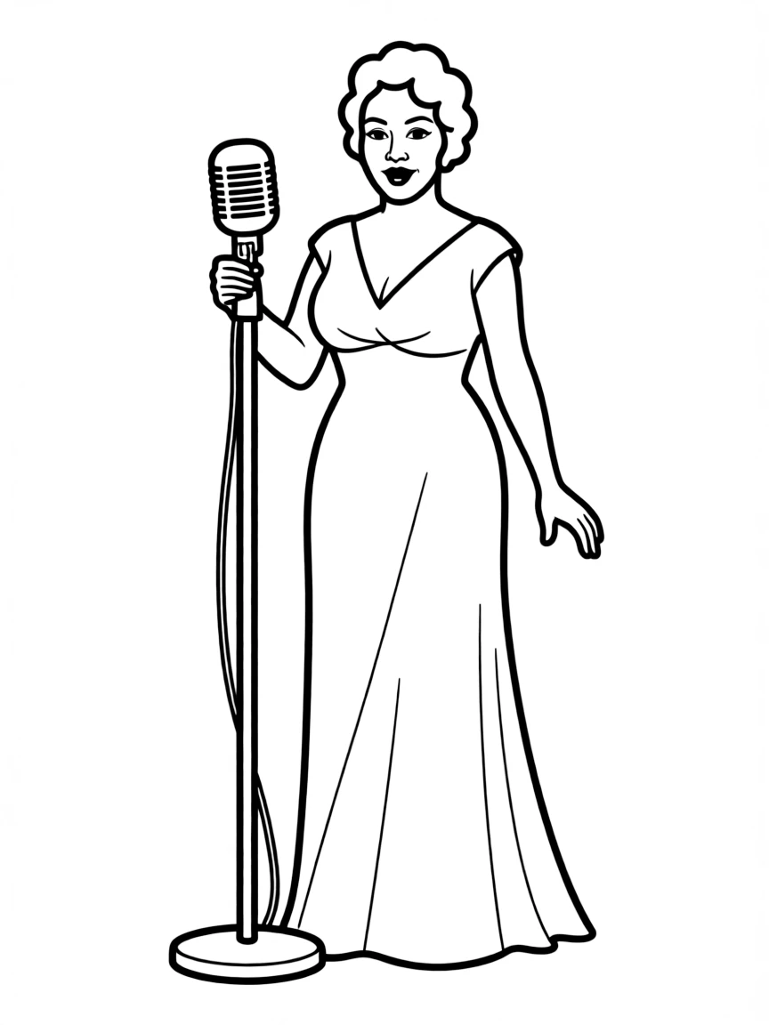 Ella Fitzgerald in evening gown at microphone