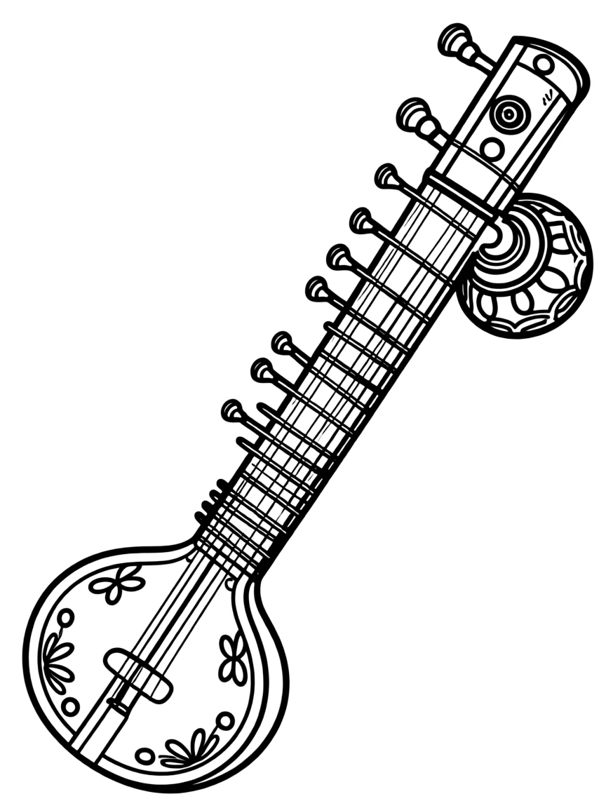 Sitar with long neck and decorative gourd