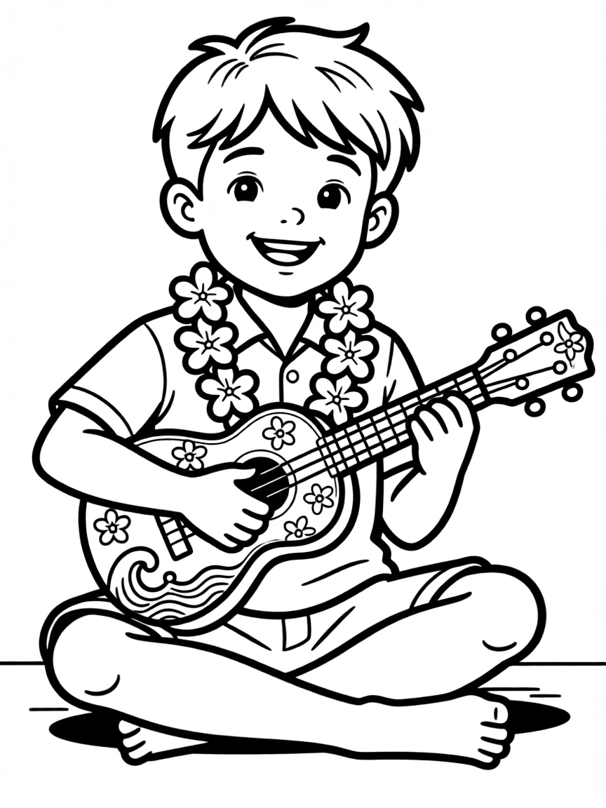 Ukulele with Hawaiian motifs and lei