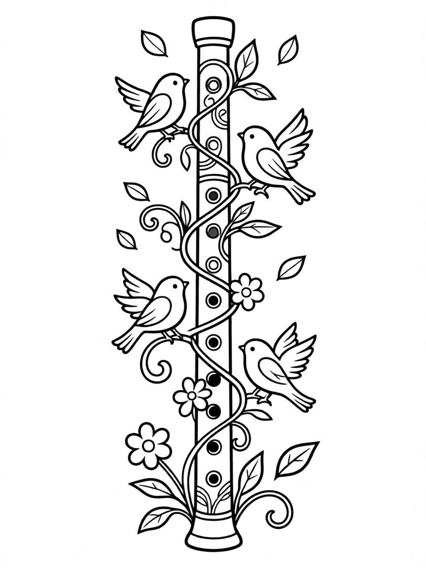 Flute with nature-inspired decorations and birds