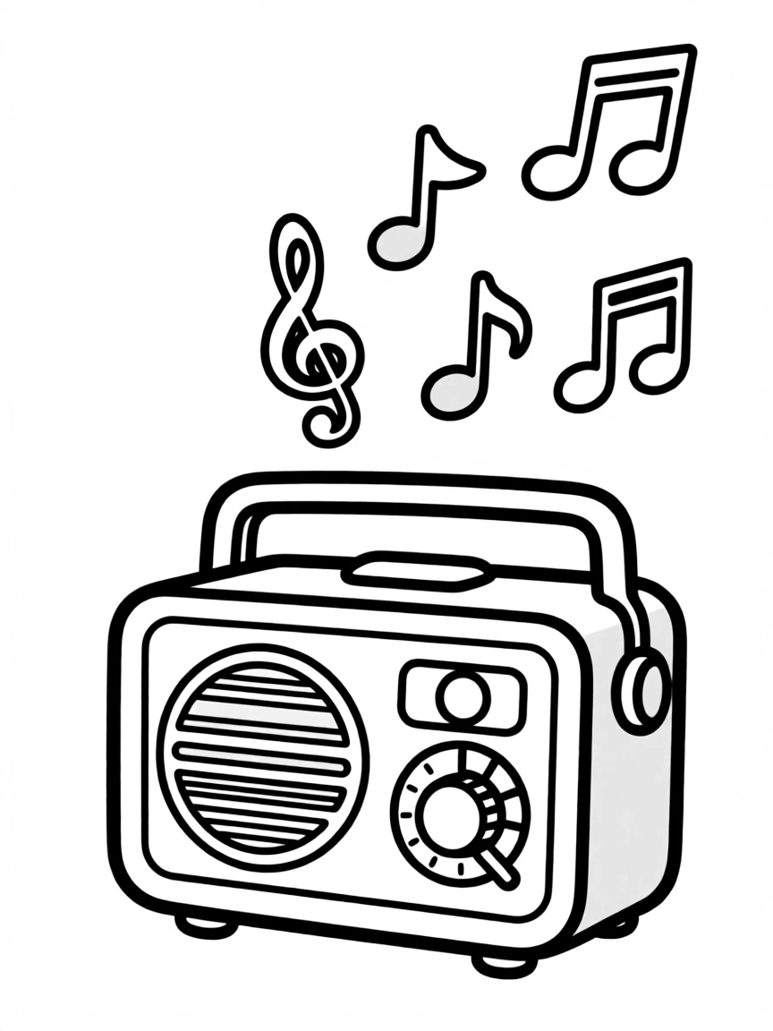 Vintage radio with music notes floating out