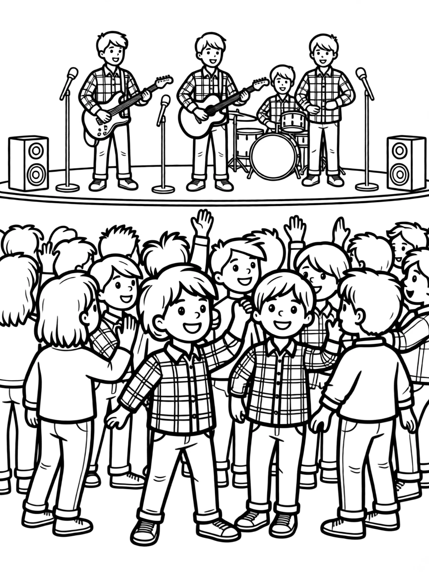 Grunge concert with flannel-wearing crowd