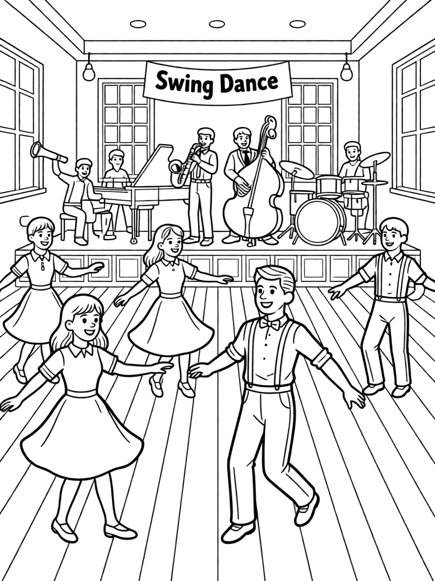 Swing dance hall with big band