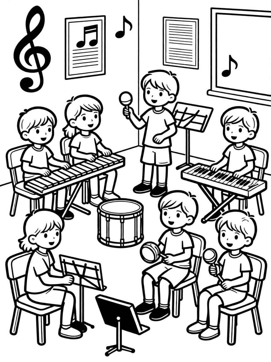 Music classroom with instruments and young students