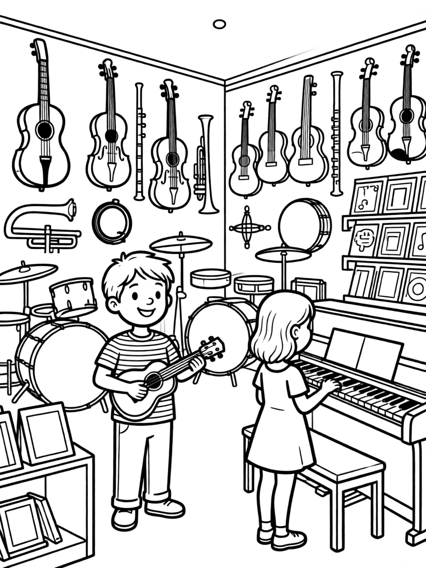 Music store with walls of instruments