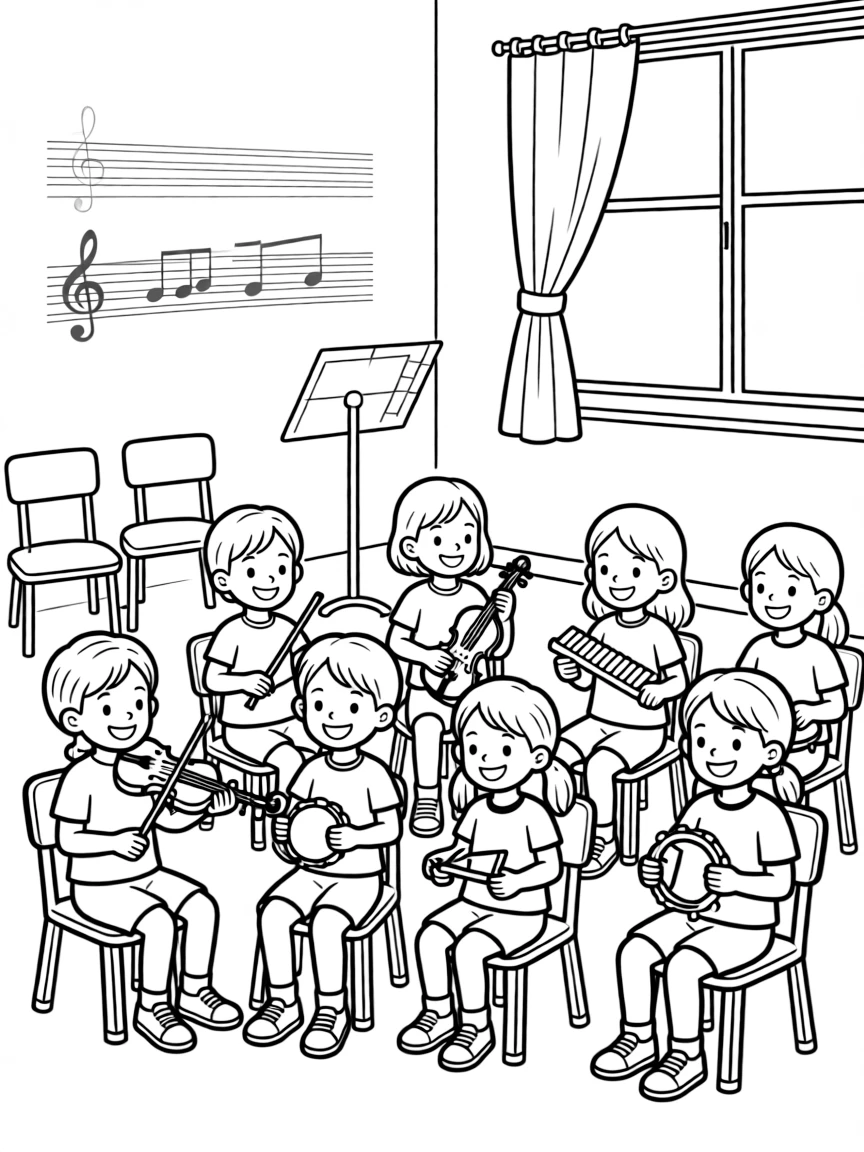 Children's music class with miniature instruments