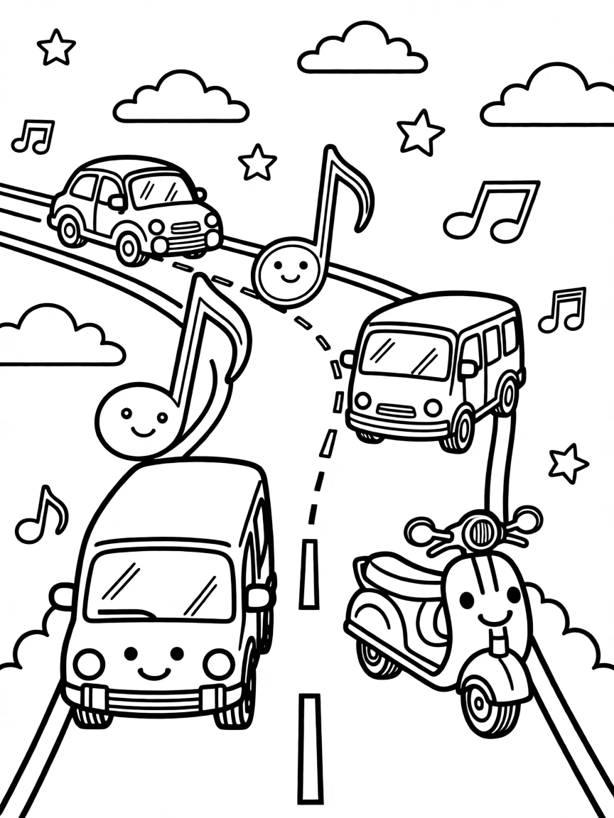 Musical staff road with note vehicles