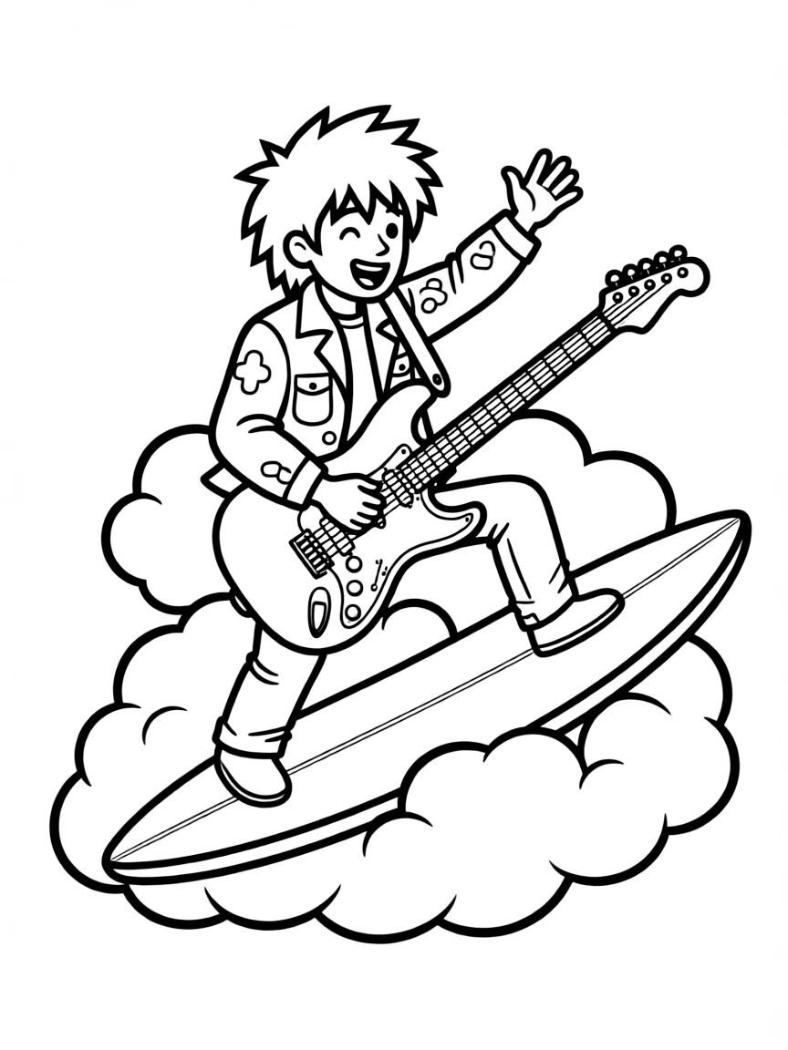 Rock star riding electric guitar through clouds