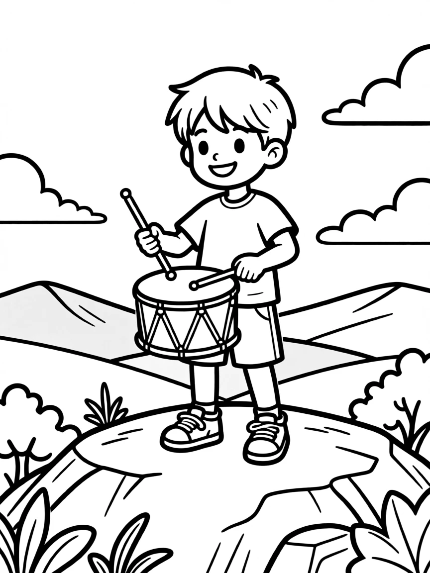 Drummer on mountain top with panoramic view