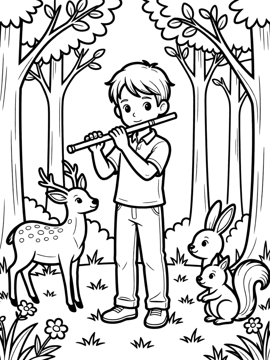 Flutist in forest with enchanted animals listening