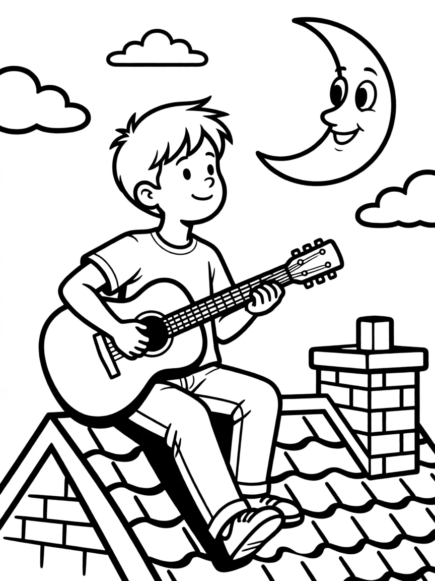 Guitarist serenading moon from rooftop