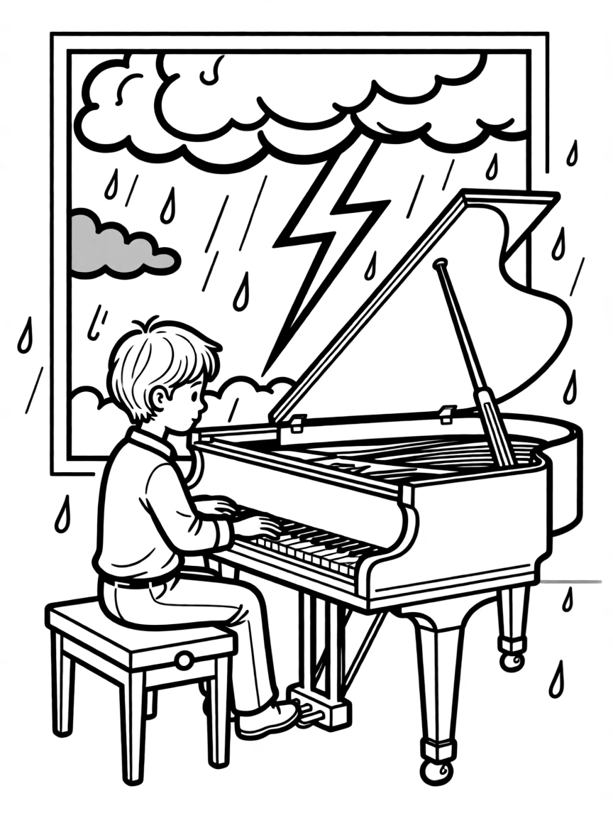 Pianist playing during thunderstorm with lightning