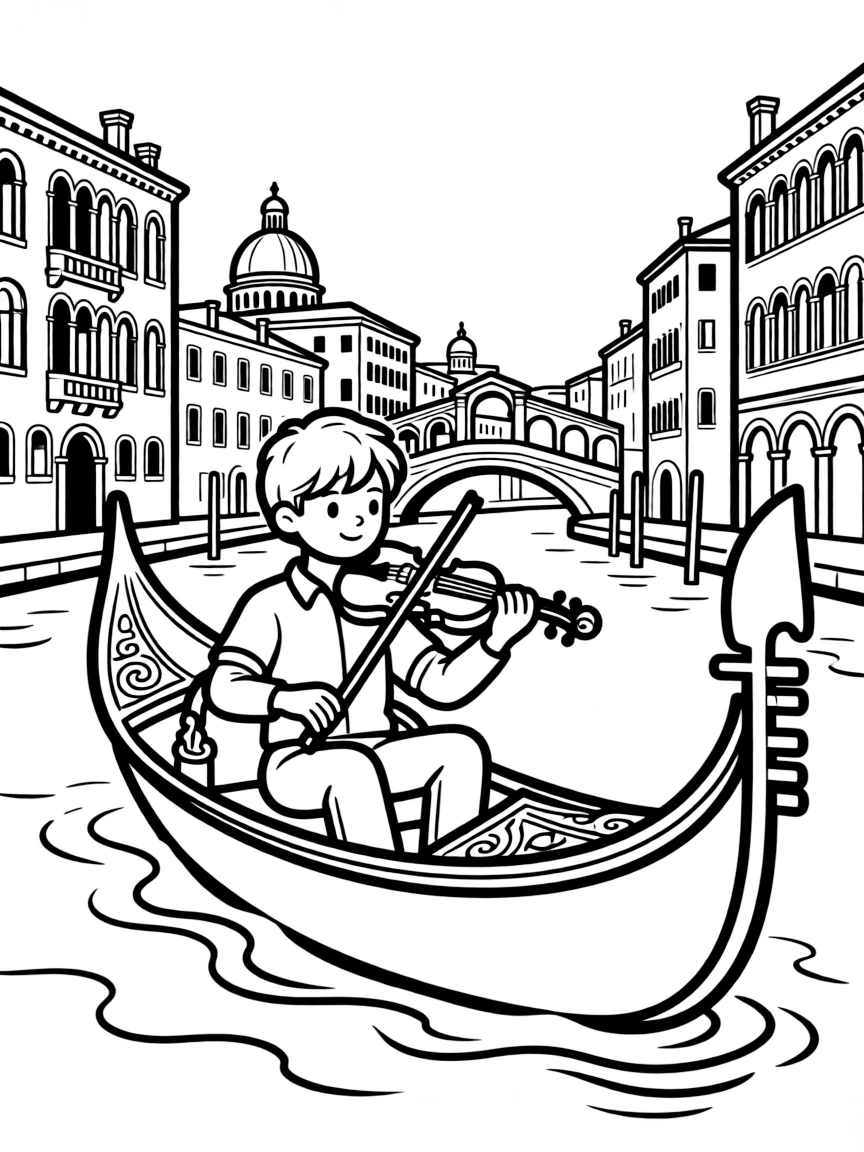 Violinist on Venice gondola with cityscape