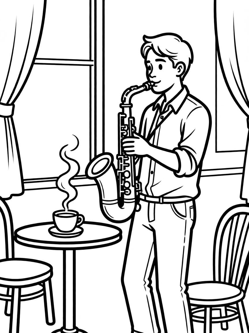 Saxophonist in jazzy cafe with steam from coffee
