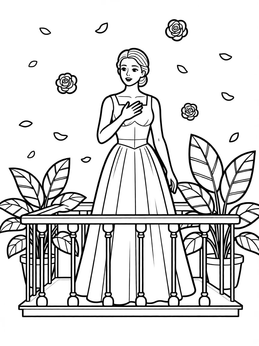 Opera singer on balcony with rose petals falling